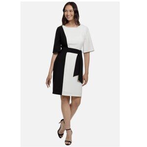 Maggy London Black and White Tie Waist Shift Crepe Short Dress - 10